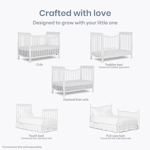 Dream On Me Violet 7-in-1 Convertible Full-Size Baby Crib with Toddler, Day & Full Bed Conversion in White, GreenGuard Gold & BSA, 3 Mattress Heights, Sustainable Pinewoo