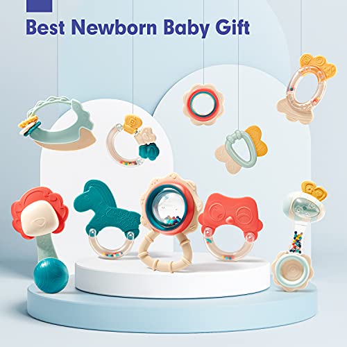hahaland Baby Toys 0-6 Months - Baby Rattles Teething Toys 3-6 Months, Newborn Infant Toys 6-12 Months, Teether Grasping Shaker Toy Baby Gifts 6 5 4 3 Month Old Must Haves Montessori Rattle for Babies