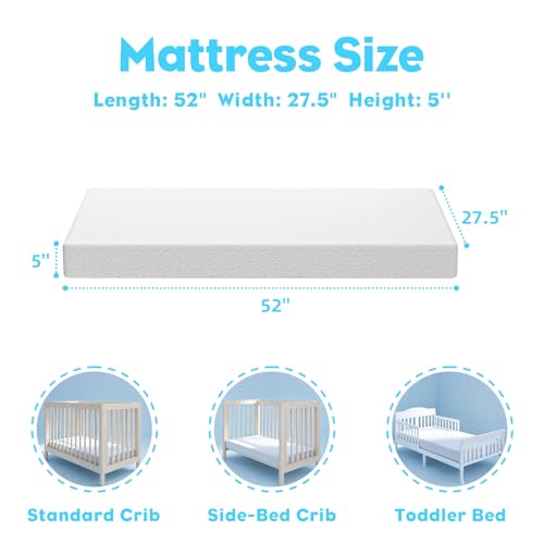Moonlightfamily 5"x52"x27.5" Premium Crib & Toddler Mattress, Water-Resistant and Removable Machine Washable Outer Cover, CertiPUR-US Certified Medium Firm Foam