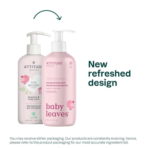 ATTITUDE Baby 2-in-1 Shampoo & Body Wash, EWG Verified, Fragrance Free & Dermatologically Tested, Vegan, Unscented, 16 Fl Oz