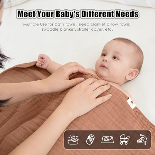 Sunny zzzZZ Muslin Hooded Baby Bath Towels - 3 Pack 100% Cotton Soft Low-Saturation Pastel Towels Including Classic White for Newborns, Infants, Toddlers - 32x32 Inch - Light Bean Paste and White