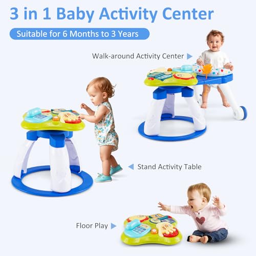 INFANS 3 in 1 Walk Around Baby Activity Center, Baby Walker with Play Table, Wheels, Detachable Seat Cushion, 3 Adjustable Heights, Learning Toys for Boys Girls Aged 6-36 Months (Blue)