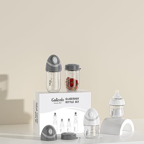 Gulicola Natural Glass Baby Bottles Set 4 Pack, Newborn Boy Breastfeeding Bottles with Slow Flow Nipples, 0 Months+, 3 oz & 5 oz - Black/White