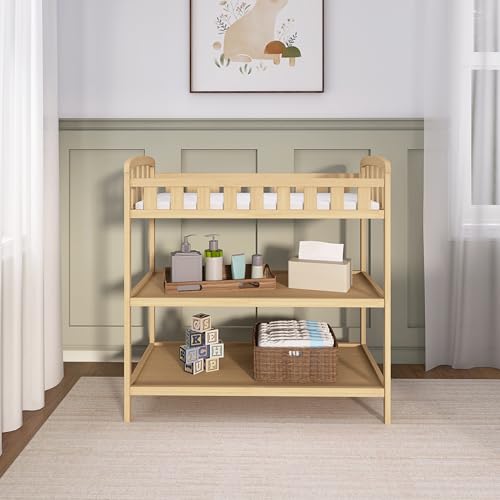 Dream On Me Emily Changing Table, Compact and Lightweight, Solid New Zealand Pinewood, Elevated Safety Rails, Two Storage Shelves, Includes Water-Resistant 1" Changing Pad — Natural
