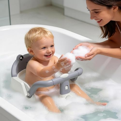 Baby Bath Seat for Babies 6 Months & Up, Non-Slip Toddler Bath Seat with Suction Cup, Safe and Comfortable Portable Infant Bathtub Chair for Bathroom, Bathtub Tub Sitting Up, Easy to Clean (Grey)