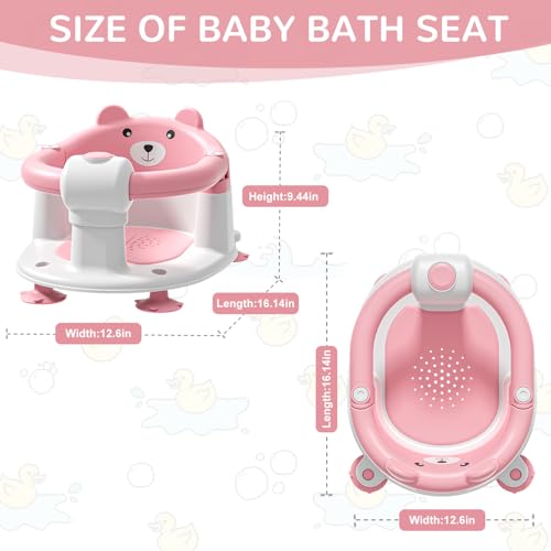 Baby Bath Seat for Babies 5-10 Months, Non-Slip Toddler Bath Seats for Babies Sitting Up, Safe Infant & Newborn Bathtub Chair with 4 Suction Cups & Soft Cushion for Shower,Pink