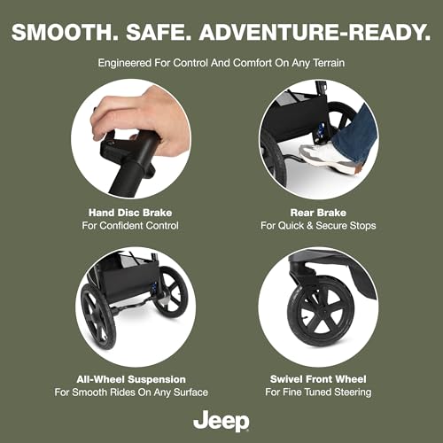 Delta Children - Jeep PowerGlyde Pro Jogging Stroller - 1-Step Back Brake & Hand Deceleration Disc Brakes for Speed Control - 1 Hand Fold, Soft Gray