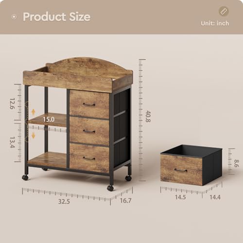 YeTom Changing Table Dresser, Baby Dresser with 3 Fabric Drawers and 2 Shelves, Multi-Functional Baby Changing Table with Pad, Classic Nursery Dresser, Diaper Changing Station, Rustic Brown