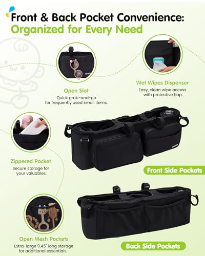 Double Stroller Organizer with 11 Compartment for Bob Duallie, Baby Jogger City Mini GT2, Double Jogging Stroller Caddy, Jeep, Zoe Stroller Accessories with 2 Insulated Pocket, Parent Console