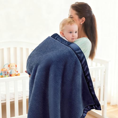 Pro Goleem Baby Boy Blanket, Fleece Baby Blankets for Boys with 2 Inch Satin Trim, Super Soft Plush Receiving Blanket for Infant Newborn, Cozy 30x40 Inch Stroller & Nursery Blanket,(Navy Blue)