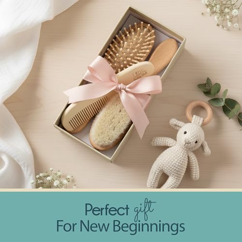Little Tinkers World Baby Hair Brush and Comb Set 4-Piece Natural Wooden Set with Soft Goat Bristle Brush, Cradle Cap Brush & Comb Newborn Baby Registry Gift for Boys and Girls