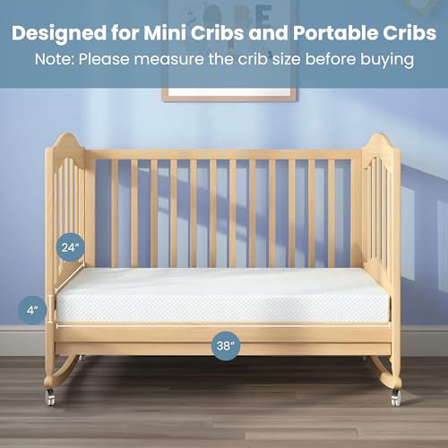 Dourxi Mini Crib Mattress, 38x24x4 Inch Dual Sided 2-Stage Firmness Portable Baby Mattress for Mini, with Cooling Gel Memory Foam, Waterproof & Washable Cover and Non-Slip Base, White