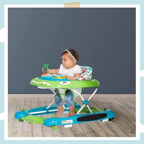 Dream On Me Baby Steps Baby Walker, Infant Activity Walker Three Position Adjustable Height, Removable Tray, Folding Walker for Baby 6-12 Months, Blue and Green