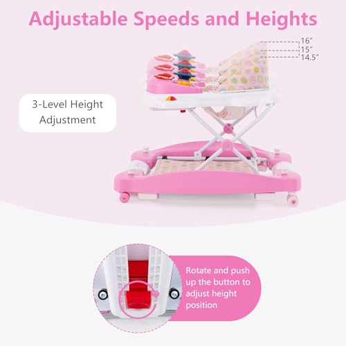 INFANS Baby Walker, 5 in 1 Behind Walker Learning Seated Rocker Bouncer with Removable Music Tray, Adjustable Height, Washable Seat Cushion, Foldable Activity Center for Toddlers (Pink)