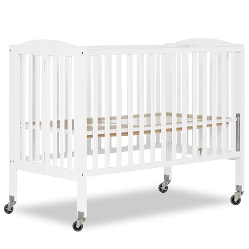 Dream On Me Folding Full Size Convenience Baby Crib with Durable Metal Wheels, Portable Space-Saving Design, 2 Adjustable Heights, Easy Fold Flat Storage, GREENGUARD Gold & BSA Certified, White