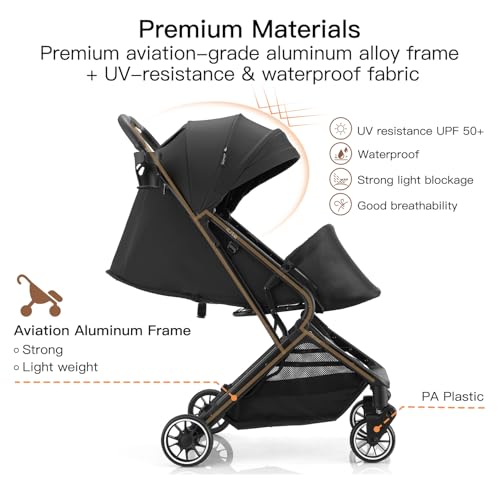 Gromast Compact Fold Baby Stroller, Lightweight Travel Toddler Stroller with One-Click Fold, Extendable UPF50+ Canopy, Cup Holder, UV Protected and Waterproof, One-Hand Folding - Black