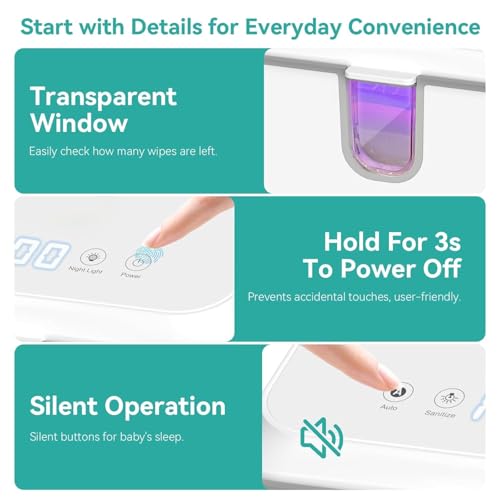 Wipe Warmer for Adult Size Wipes with UV Sanitizer, Baby Wipes Warmer, Large Capacity Wet Wipes Dispenser, 3 Temperature Settings, Night Light, Quiet Heating, Diaper Wipe Warmer, White