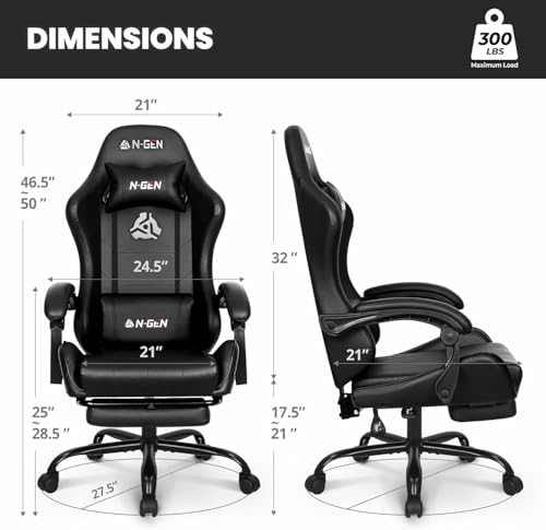 N-GEN GAMING Video Gaming Chair with Footrest Lumbar Support for Home Office High Back Recliner Height Adjustable Ergonomic Comfy Leather Computer Desk Chair (Carbon Black)