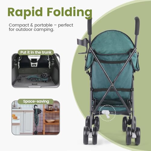 6-36M Baby Stroller, Umbrella Stroller with Foldable Pushchair with Adjustable Canopy, Folding Infant Newborn Pram Stroller with Storage Basket, Cup Holder, Suspension Wheels for Infants (Dark Green)