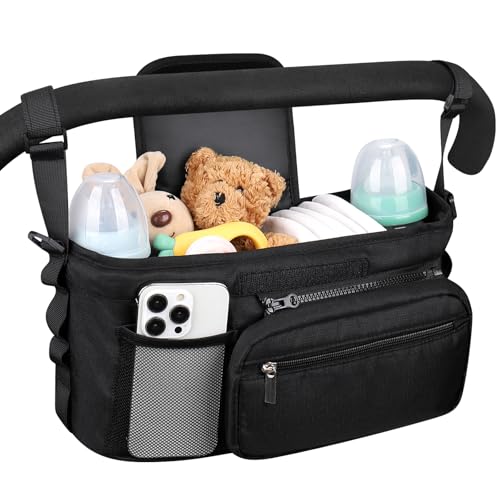 Accmor Universal Stroller Organizer, Stroller Caddy Bag with Cup Holder Detachable Phone Bag and Shoulder Strap, Stroller Organizer for Uppababy, Baby Jogger, Britax Strollers Accessories