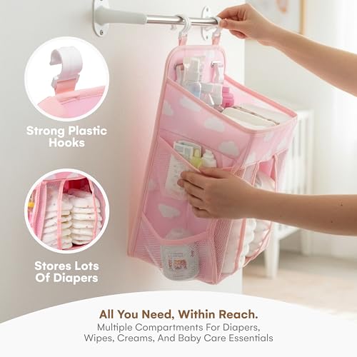 CHILDLIKE BEHAVIOR Diaper Organizer for Changing Table - Hanging Diaper Caddy - Munchkin Diaper Change Organizer - Changing Table Hanging Caddy & Storage - Nursery Diaper Caddy Holder with Shelf