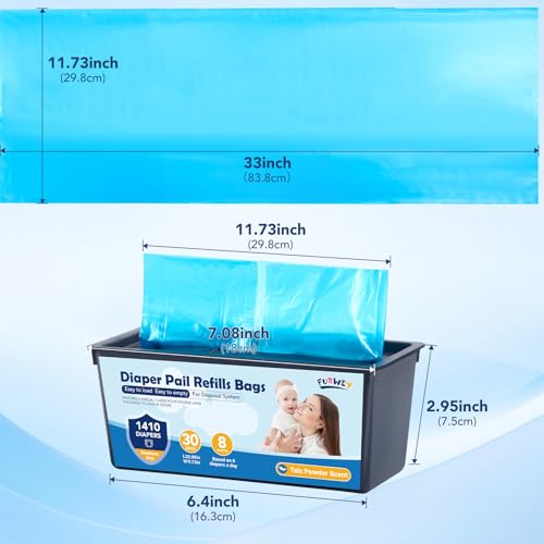Diaper Pail Refill Bags 30 Bags Per Refill，Compatible with Genie Easy Roll Signature Diaper Pails Holds Up to 2820 Newborn Diapers Talc Powder Scent 7 Layer Odor Barrier,Scented,2PACK (60 Bags)