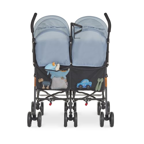 Dream On Me Twin Venture Umbrella Stroller in Light Blue, Multi Backrest Positions, Adjustable & Removable Canopy Double Stroller, 360°Swivel Wheels with Locks