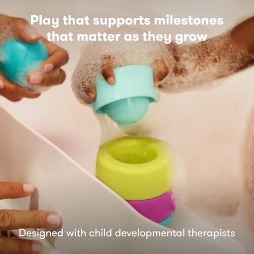 Frida Baby Stack + Pour Bath Tower Bath Toy, Bath Toys for Toddlers, Teaches Child to Grasp, Stack & Scoop. Gross to Fine Motor Skills, Hand Eye Coordination, Sort by Size, Count, Pretend Play