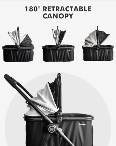 Pawccoli Pet Stroller for Small Dogs and Cats, One-Click Foldable Dog Stroller with Detachable Carrier & 3 Safety Tethers, Holds up to 33 lbs, Storage Basket & Cup Holder, Breathable Mesh, Black