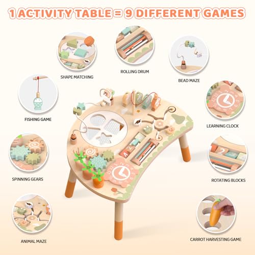Hewaurorion Wooden Activity Table for Toddlers 1-3, 9 in 1 Montessori Sensory Table with Bead Maze Shape Sorter Fishing Game, Baby Activity Table Learning Toys for 1 2 3 Year Old Boys Girls