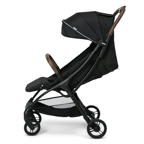 Jeep Altitude Compact Travel Stroller by Delta Children Greenguard Gold, Easy One Hand Fold, Lightweight, Extendable Canopy with Peek-a-Boo Window, Reclining Seat, 4 Wheel Suspension, Black