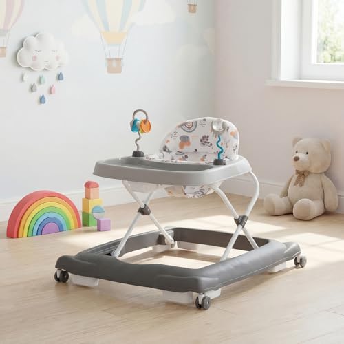 BABY JOY Baby Walker, Foldable Activity Walker with Adjustable Height, Large Tray & Removable Toys, Baby Walker with Wheels for Boys Girls 6-12 Months (Gray)