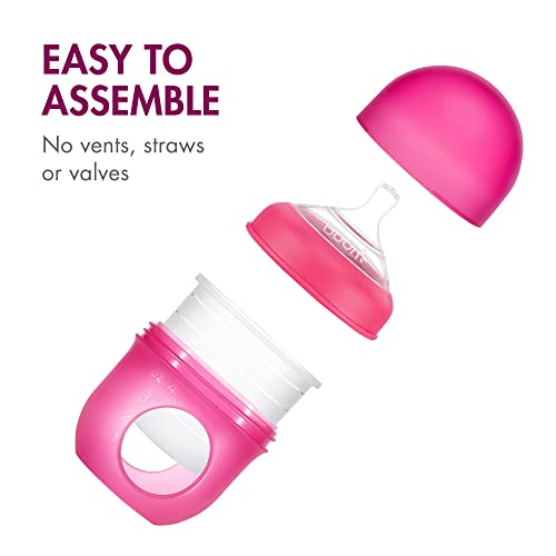 Boon Nursh Bottles - Slow Flow - Silicone Baby Bottles Help Ease Colic Symptoms - Formula and Breast Milk Only Touch Platinum Food-Safe Silicone - Pink - 0-3 Months - 3 Count - 4 Ounce