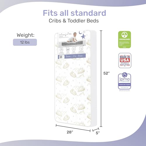 Dream On Me Twilight 5” 2-in-1 Breathable Spring Coil Crib & Toddler Mattress – Firm Infant Side & Plush Toddler Side, Reversible Design, Waterproof Vinyl Cover, GREENGUARD Gold & BSA Certified