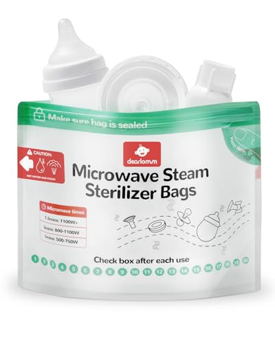dearlomum Microwave Steam Sterilizer Bag for Baby Bottles 8 Count (20 Uses Per Bag), Reusable Travel Sterilization Pouches, Disinfection Container for Baby Pacifiers and Breast Pump Accessories