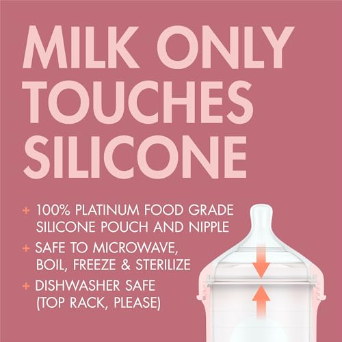 Boon Nursh Bottles - Silicone Baby Bottles Help Ease Colic Symptoms - Reusable Food-Grade Silicone Pouches with Polypropylene Shell - Medium Flow - 8 Oz - Pink