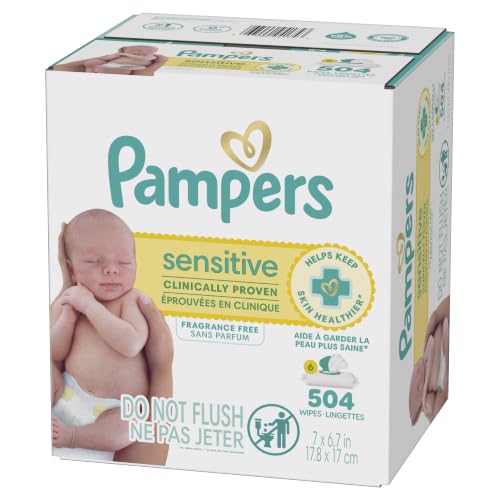 Pampers Sensitive Baby Wipes, Clinically Proven, Fragrance Free, Unscented, Water Based, Hypoallergenic, Multi-Use, Hand Wipes 504 Wipes Total (6X Flip-Top Packs) [Packaging May Vary]