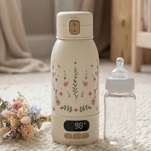 Kasey Mae Portable Bottle Warmer for Travel – Precise Heating for Breastmilk & Formula - Fast 3-Minute Heating, USB Rechargeable, Baby Milk & Formula Warmer On the Go, Long Battery, Floral, 17oz