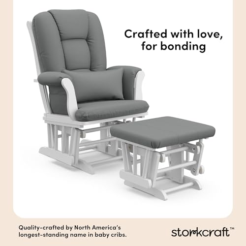 Storkcraft Tuscany Custom Glider and Ottoman with Free Lumbar Pillow (White/Grey) - Cleanable Upholstered Comfort Rocking Nursery Chair with Ottoman