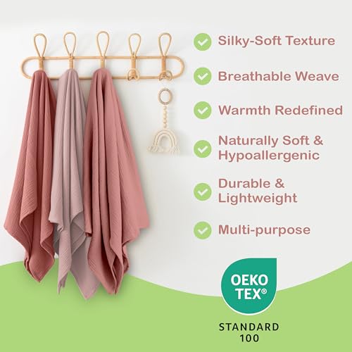 infancie Organic Muslin Baby Blanket 2-Pack Rose & Peach, 47x47 Inch 100% Organic Cotton Oeko-TEX Certified Hypoallergenic Swaddle Blanket for Newborn Girls, Elegant Baby Girl Shower Gift