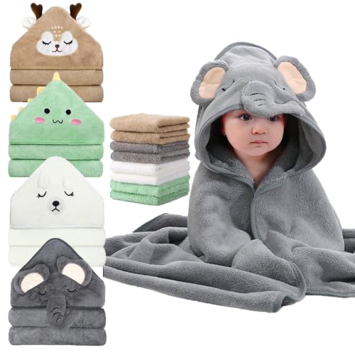 ROXANEPIG 12 PCS Baby Bath Towels Set for Newborn Toddlers, 4 PCS Hooded Baby Towels & 8 PCS Washcloths, Ultra Absorbent Newborn Bath Essentials Gift for Boys & Girls