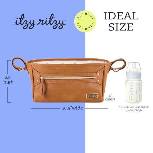 Itzy Ritzy Adjustable Stroller Caddy and Organizer Bag Featuring Front Zippered Pocket, 2 Built-in Interior Pockets & Adjustable Straps to Fit Nearly Any Stroller (Cognac)