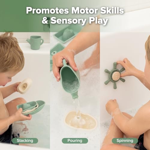 Haakaa Nautical Silicone Baby Bath Toys Set, Food Grade Silicone Bathtub Toys for Toddlers, Mold-Free Stacking Boats & Spinner Toy & Pouring Cup, BPA Free Floating Tub Toys for Baby 6M+
