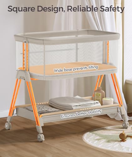 Fodoss Baby Bassinets Bedside Sleeper - 3-in-1 Baby Bassinet with Wheels, Soft Mattress, Storage Tray, Full-Mesh Sides, 7-Height Adjustable Crib for Newborns