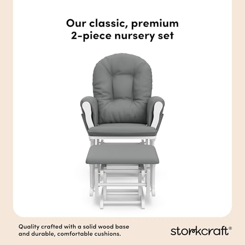 Storkcraft Premium Hoop Glider & Ottoman (White/Gray) — GREENGUARD Gold Certified Nursery Glider, Solid Wood Craftsmanship, Smooth-Gliding, Award-Winning