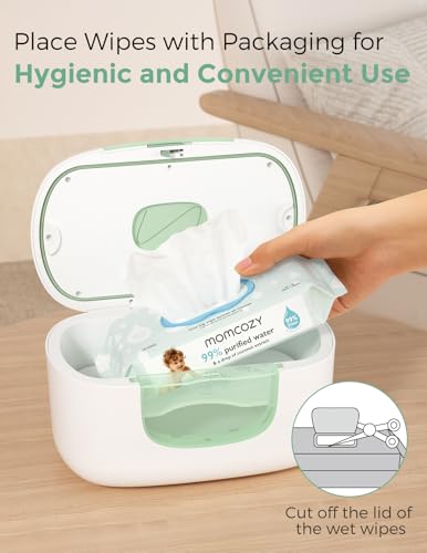 Momcozy New Baby Wipe Warmer, 100pcs Larger Capacity Wipe Dispenser, 10-Min Fast Heating with 4 Temperature Modes, Innovative Spring Design, Silicone & Top Seals,Quick Even Heating, 3-Level Nightlight