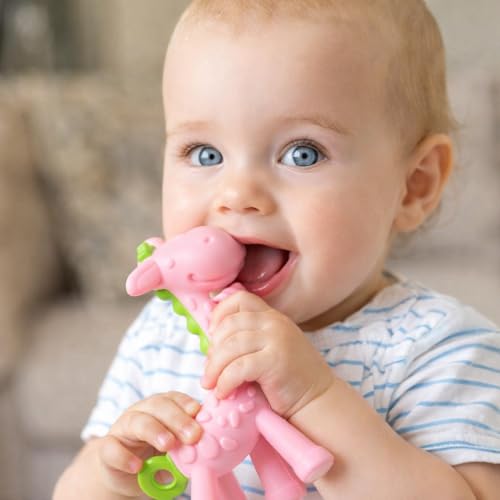SHARE&CARE BPA Free Silicone Giraffe Baby Teether Toy with Storage Case, for 3 Months Above Infant Sore Gums Pain Relief and Baby Shower, Baby Teething Toys (Pink)