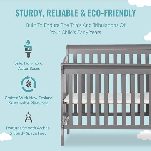 Dream On Me Jayden 4‑in‑1 Mini Convertible Baby Crib & Changer with Storage, Steel Grey, Pinewood, GreenGuard Gold & JPMA, 1” Mattress Pad, 3 Mattress Heights, Converts to Mini Day & Twin-Size Bed