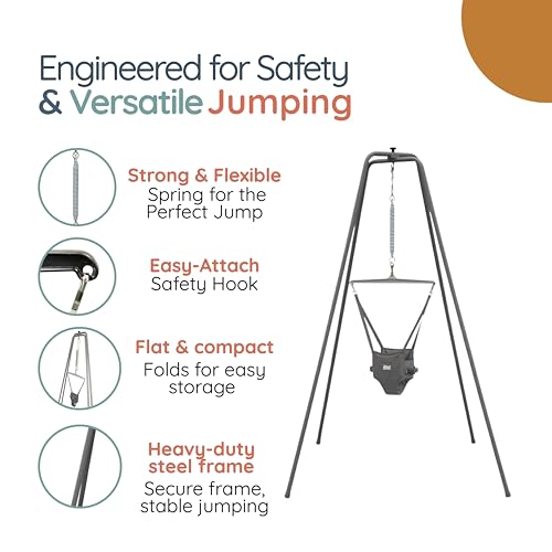 Jolly Jumper Elite (Grey) Baby Exerciser - Sturdy Frame, 6 ft Tall Stand Baby Jumper, Indoor and Outdoor Exercise Saddle Seat, Adjustable Height, for Infants up to 28 lbs