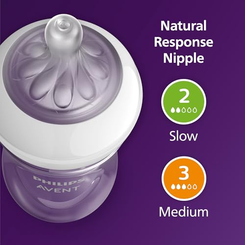 Philips Avent Natural Response Baby Gift Set - 3X 4oz Pink Bottles with Slow Flow Nipples (Flow 2), 1x 9oz Pink Bottle with Medium Flow Nipples (Flow 3), 2X Soothie Pacifiers 0-3m, SCD838/03